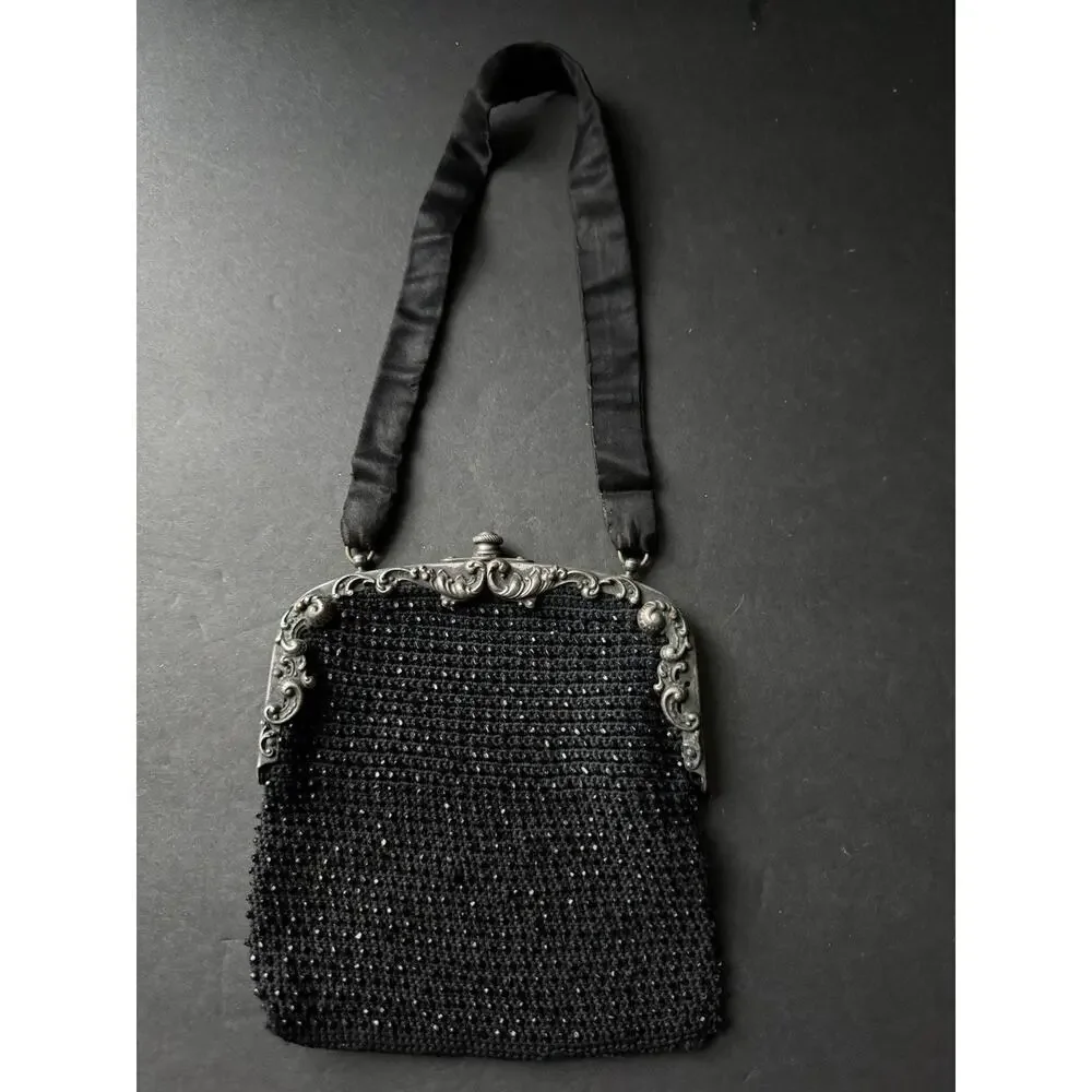 Antique Victorian Crochet Mourning Purse Bag Silver Tone Frame Handbag Black